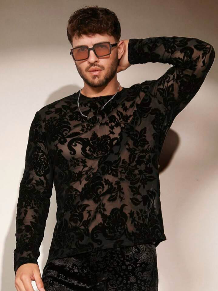 Bonga Boys Men Floral Print Sheer Mesh Long Sleeve Tshirt